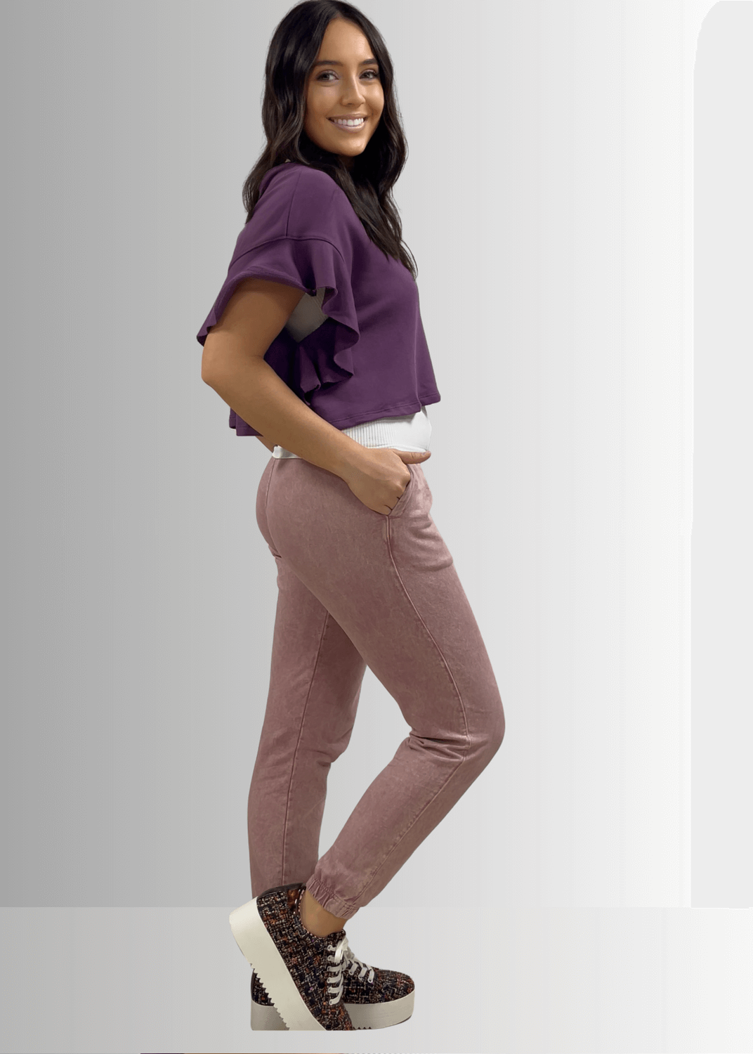 USA Made Women's Casual Cotton French Terry Mineral Washed Light  Mauve Joggers with Side Pockets and Drawstring Waist | Classy Cozy Cool Made in America Boutique