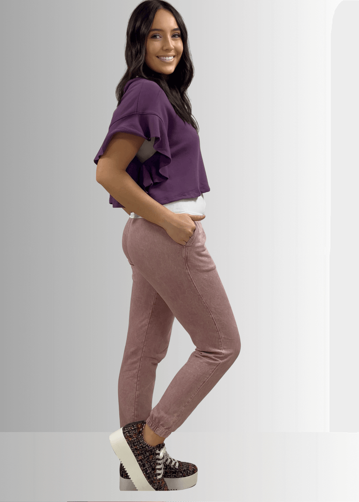 USA Made Women's Casual Cotton French Terry Mineral Washed Light  Mauve Joggers with Side Pockets and Drawstring Waist | Classy Cozy Cool Made in America Boutique