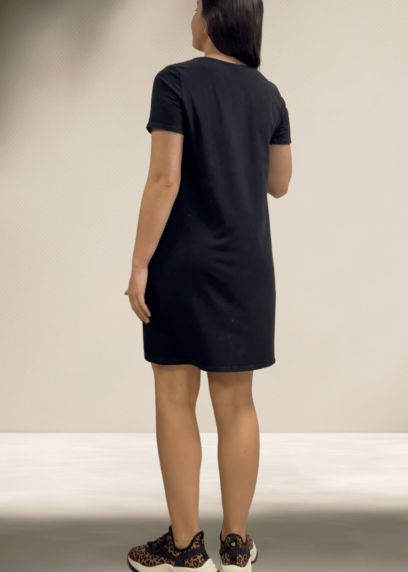 ladies black cotton dress Black Cotton Poplin A-Line Deep Neck Maxi Tier Dress 60" / Custom Height (Free)