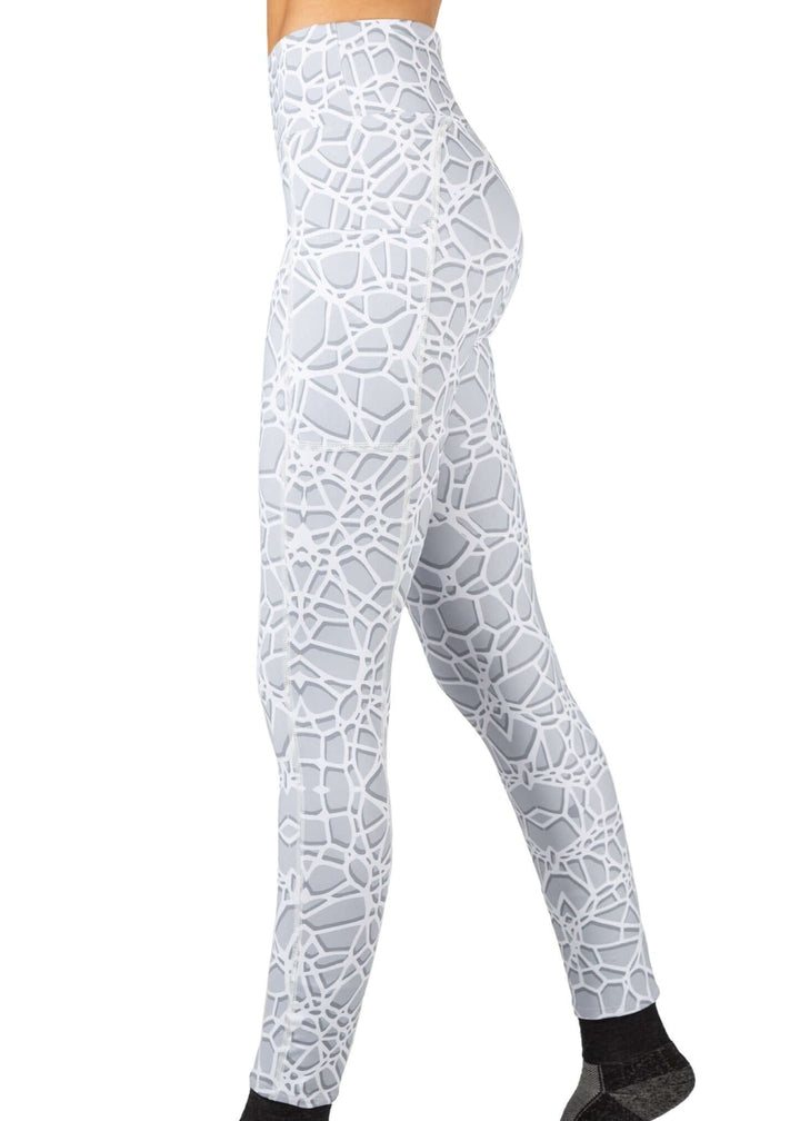 WSI Women's American-made legging in a Light Gray Crackle Design | Style 991SPLC |superior fabric technology enhances athletic performance | Side Pockets, No inner leg seam for maximum comfort, Wide waistband with built in elastic for additional comfort, 4 way stretch for flexibility, durability and comfort Material Tech: Performance Spandex