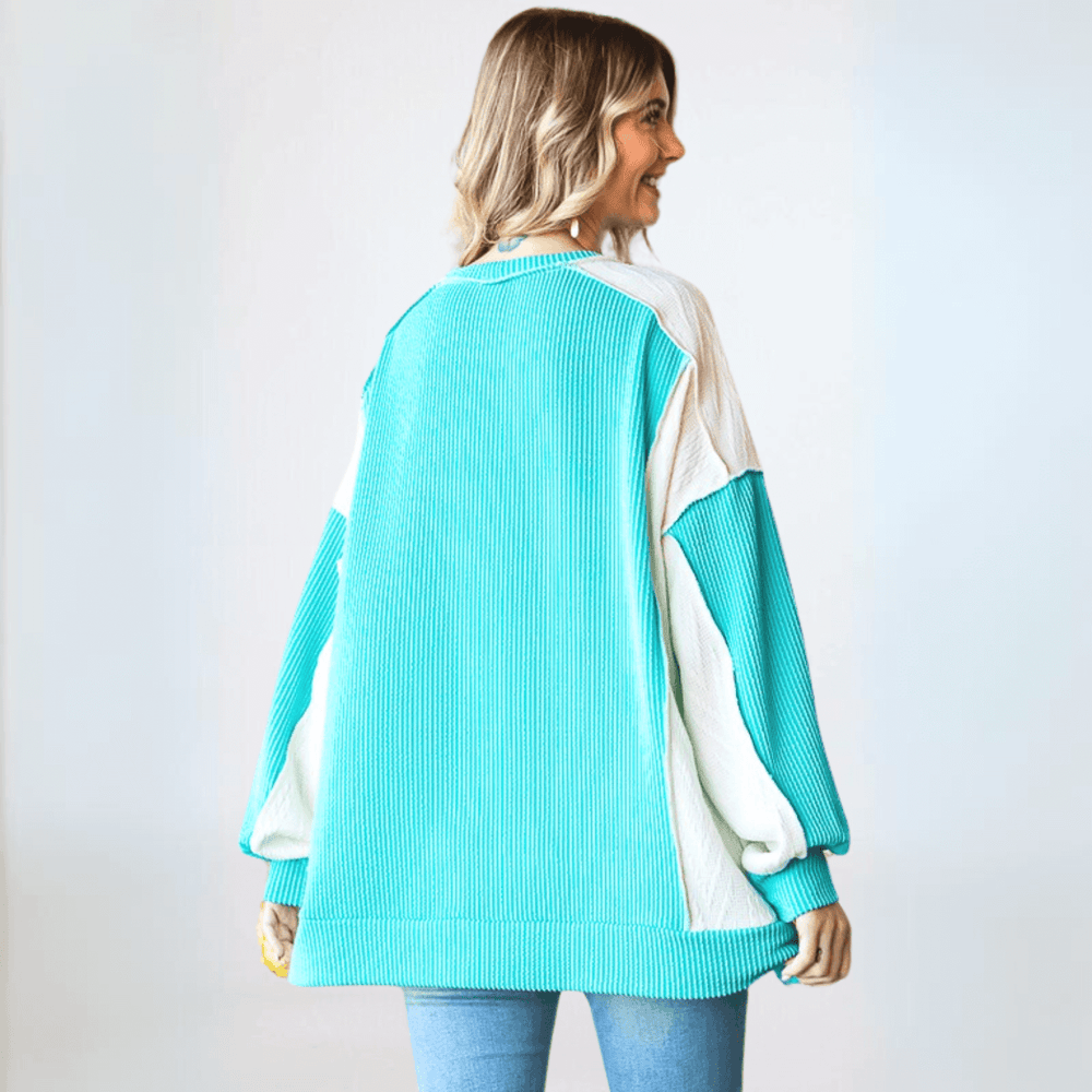 USA Made Women's Oversized Mixed Media with Turquoise Ribbed Material and Ivory Cable Knit Color Block Pullover Top | Classy Cozy Cool Made in America Boutique