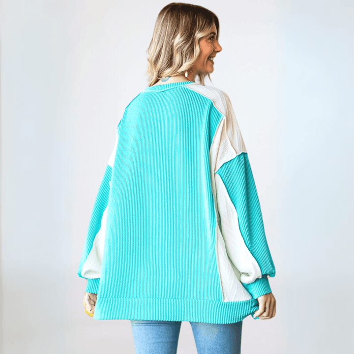 USA Made Women's Oversized Mixed Media with Turquoise Ribbed Material and Ivory Cable Knit Color Block Pullover Top | Classy Cozy Cool Made in America Boutique