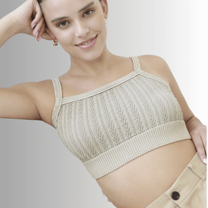 Nikibiki Seamless Cable Knit Bra Top Style NS8192 in Vintage Sandshell | Made in USA | Classy Cozy Cool Women's Made in America Boutique