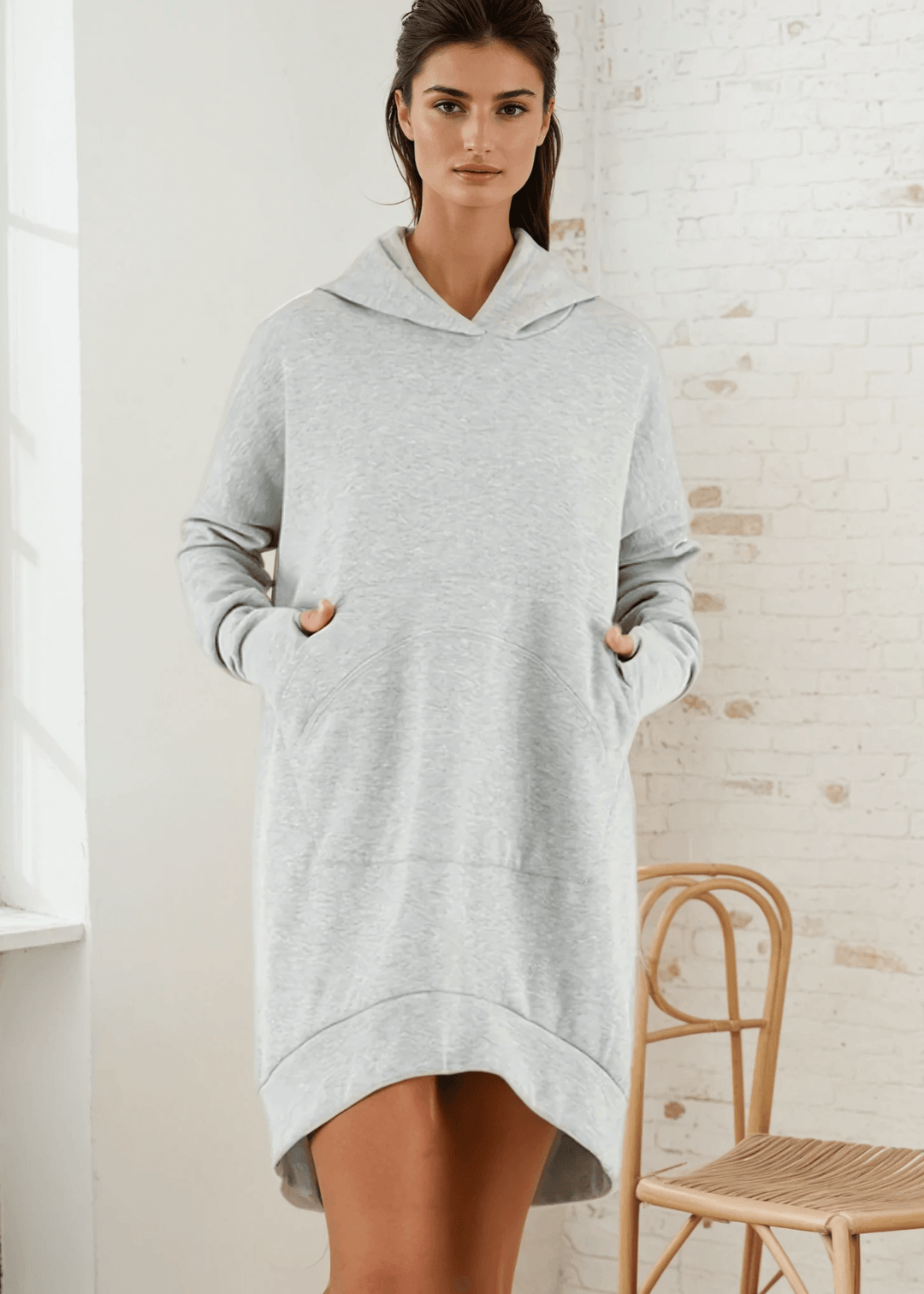 Made in USA | Women's Premium Heavyweight Warm and Cozy Soft Cotton Blend Tunic Length Sweatshirt Hoodie in Heather Grey | Classy Cozy Cool Made in America Boutique
