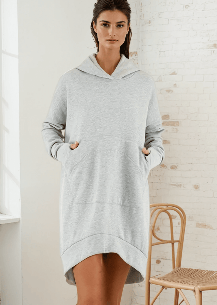 Made in USA | Women's Premium Heavyweight Warm and Cozy Soft Cotton Blend Tunic Length Sweatshirt Hoodie in Heather Grey | Classy Cozy Cool Made in America Boutique