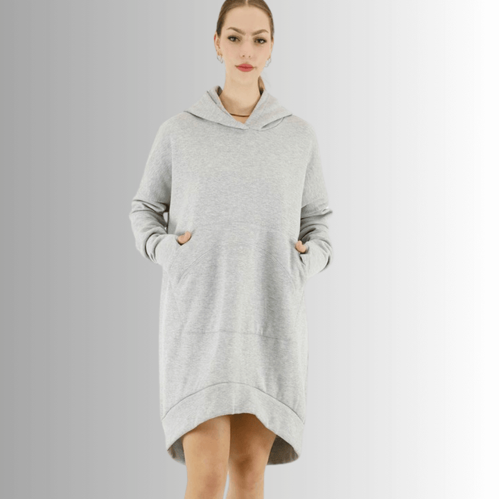 Made in USA | Women's Premium Heavyweight Warm and Cozy Soft Cotton Blend Tunic Length Sweatshirt Hoodie in Heather Grey | Classy Cozy Cool Made in America Boutique