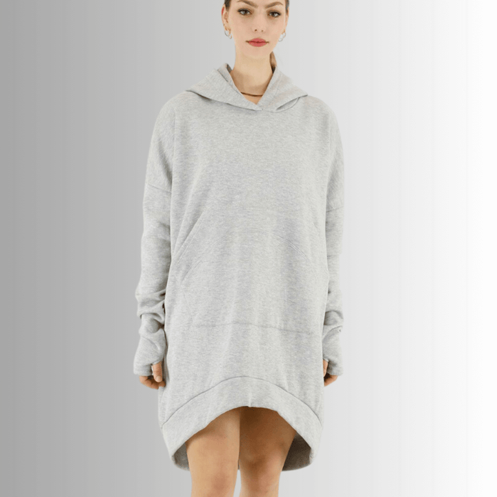 Made in USA | Women's Premium Heavyweight Warm and Cozy Soft Cotton Blend Tunic Length Sweatshirt Hoodie in Heather Grey | Classy Cozy Cool Made in America Boutique