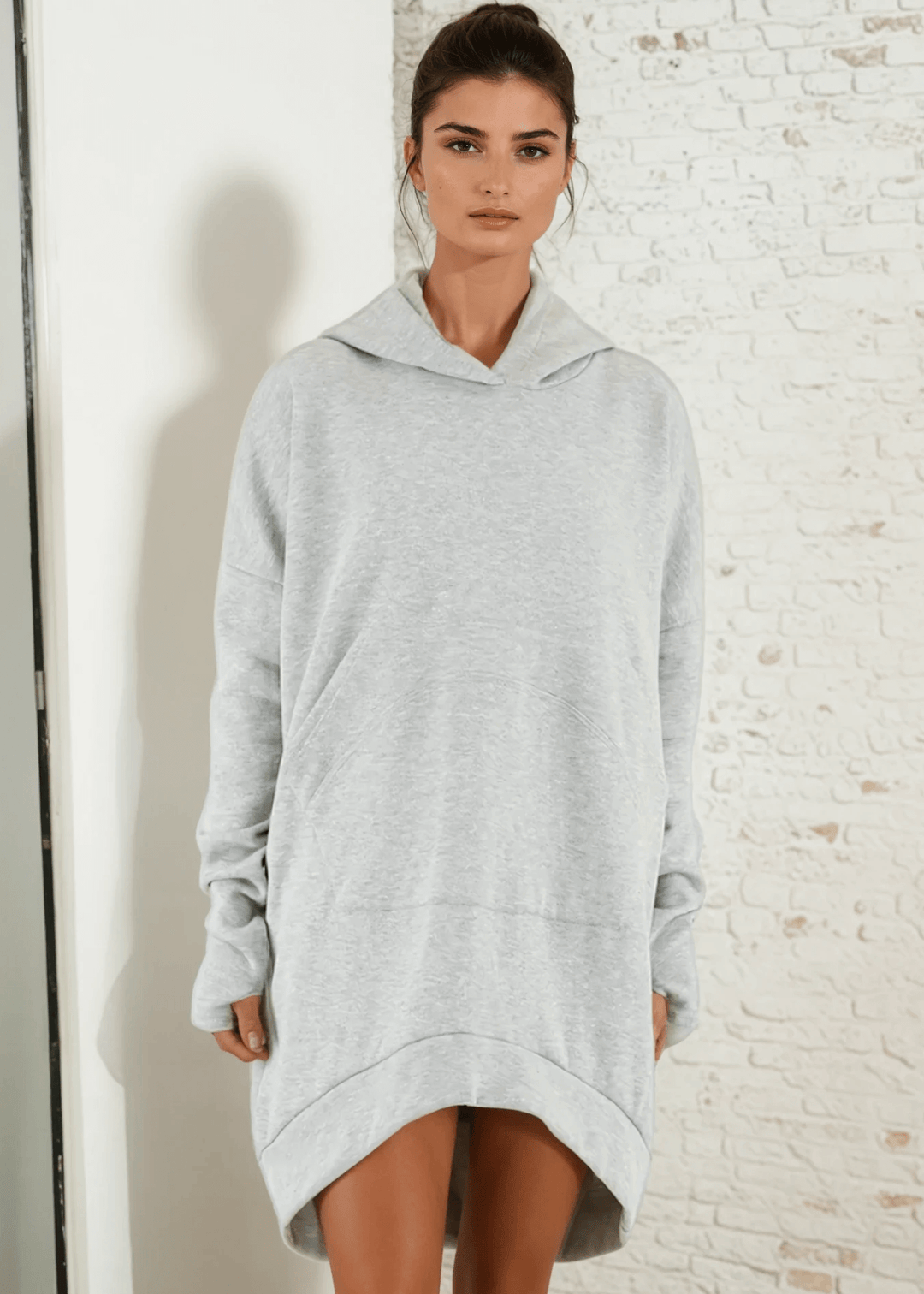 Made in USA | Women's Premium Heavyweight Warm and Cozy Soft Cotton Blend Tunic Length Sweatshirt Hoodie in Heather Grey | Classy Cozy Cool Made in America Boutique
