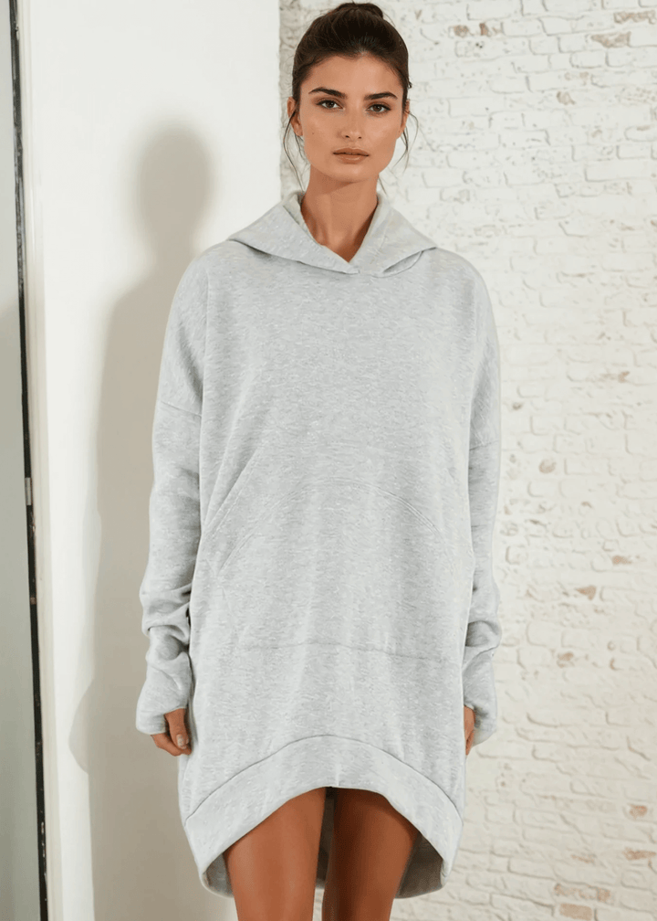 Made in USA | Women's Premium Heavyweight Warm and Cozy Soft Cotton Blend Tunic Length Sweatshirt Hoodie in Heather Grey | Classy Cozy Cool Made in America Boutique