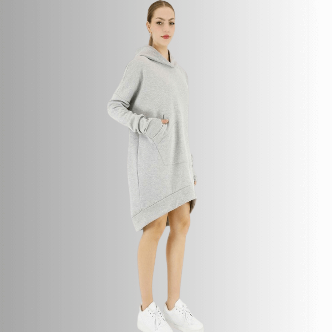 Made in USA | Women's Premium Heavyweight Warm and Cozy Soft Cotton Blend Tunic Length Sweatshirt Hoodie in Heather Grey | Classy Cozy Cool Made in America Boutique