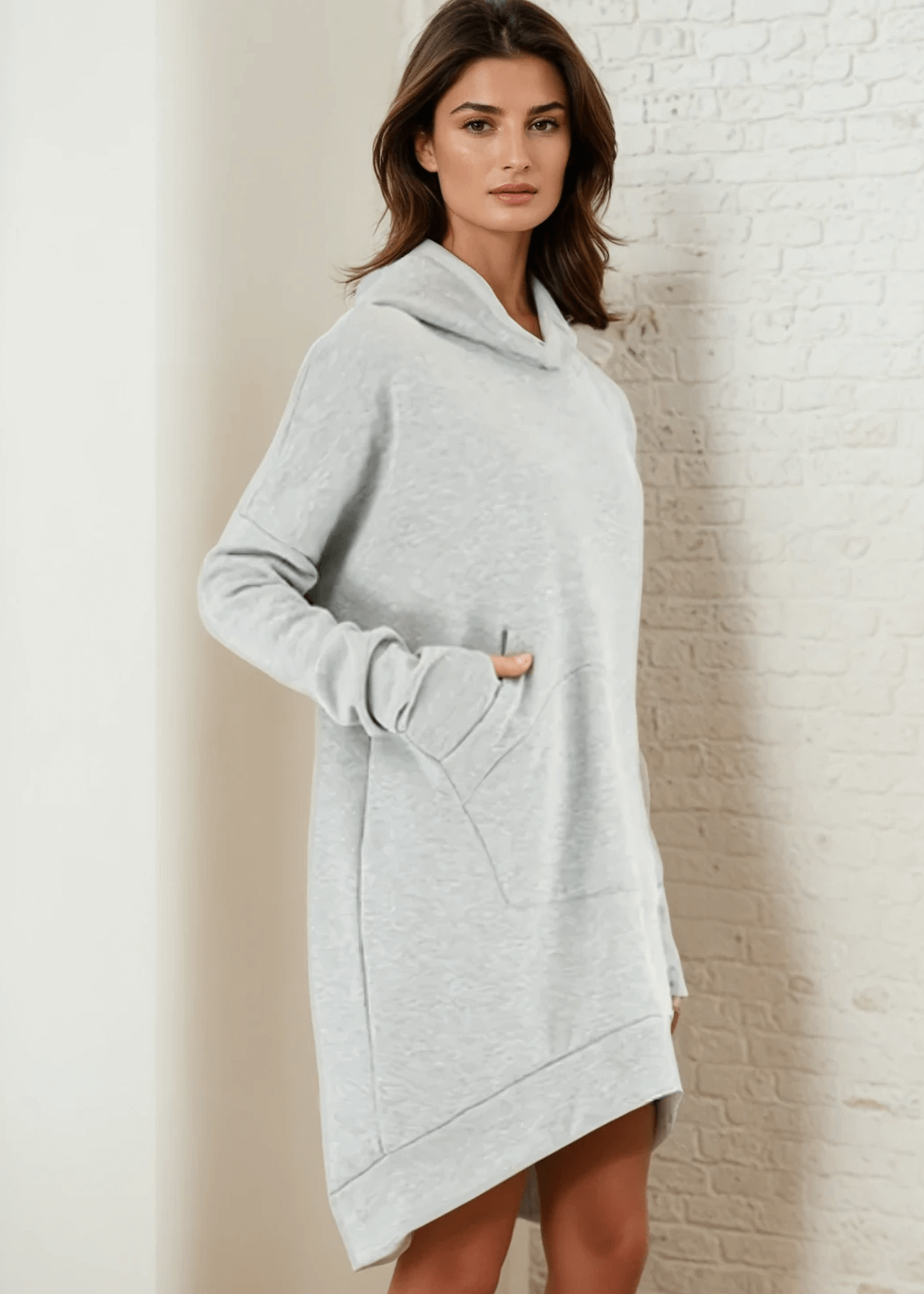 Made in USA | Women's Premium Heavyweight Warm and Cozy Soft Cotton Blend Tunic Length Sweatshirt Hoodie in Heather Grey | Classy Cozy Cool Made in America Boutique