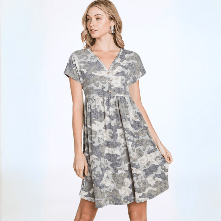 Made in USA Women's Camo Print Cotton Blend V-Neck Mini Dress | Classy Cozy Cool Made in America Boutique