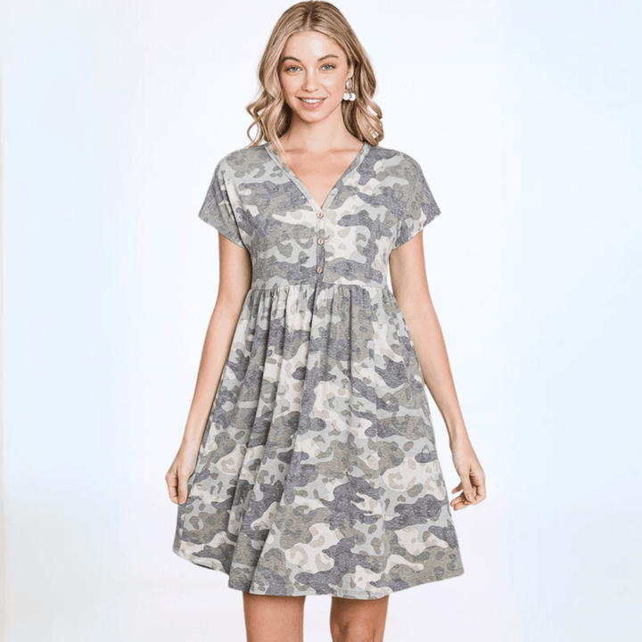 Made in USA Women's Camo Print Cotton Blend V-Neck Mini Dress | Classy Cozy Cool Made in America Boutique