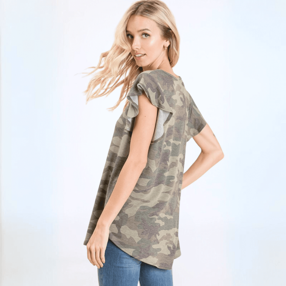 Made in USA Women's Camo Ruffled Cap Sleeve Comfy Tee, Longer Length, Army Green Camo Print, Soft Material | Classy Cozy Cool Made in America Boutique