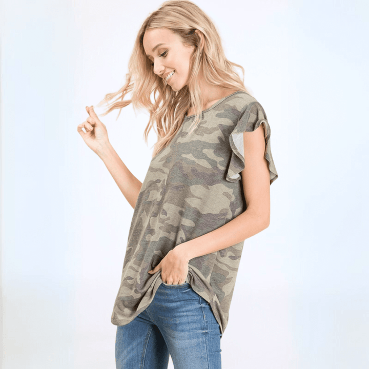 Made in USA Women's Camo Ruffled Cap Sleeve Comfy Tee, Longer Length, Army Green Camo Print, Soft Material | Classy Cozy Cool Made in America Boutique