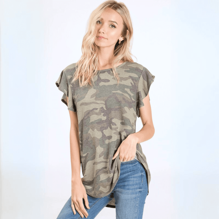 Made in USA Women's Camo Ruffled Cap Sleeve Comfy Tee, Longer Length, Army Green Camo Print, Soft Material | Classy Cozy Cool Made in America Boutique