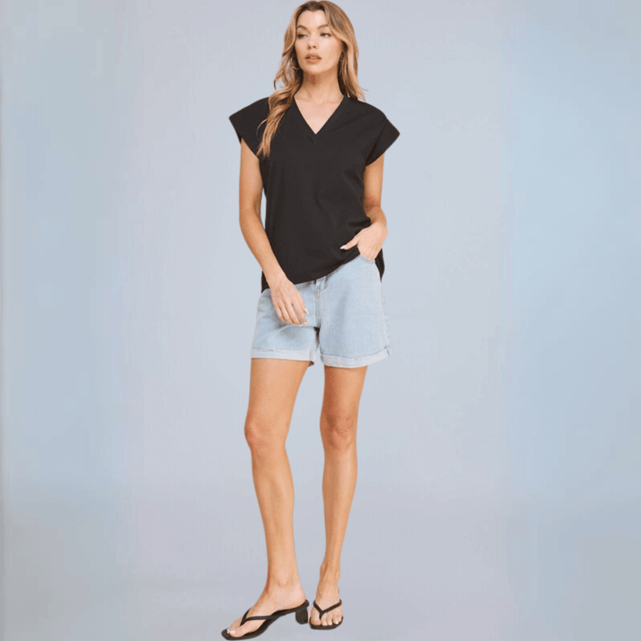 Women's Loose Fit Cotton V-Neck Cap Sleeve Top, This T-Shirt is Made in USA in Black,  | Classy Cozy Cool Made in America Boutique