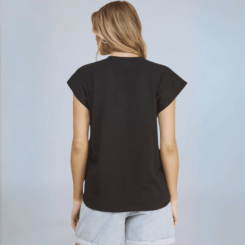 Women's Loose Fit Cotton V-Neck Cap Sleeve Top, This T-Shirt is Made in USA in Black,  | Classy Cozy Cool Made in America Boutique