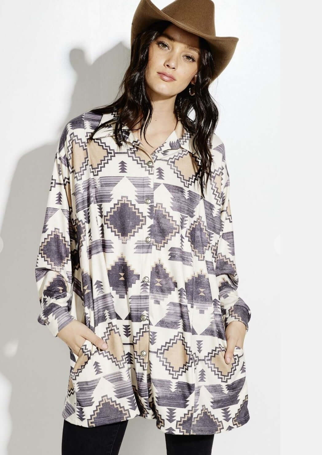 Women's Aztec Design Lightweight Tunic Length Suede Shirt Jacket in Grey, Cream & Taupe  | Made in USA | Classy Cozy Cool Made in America Women's Clothing Boutique