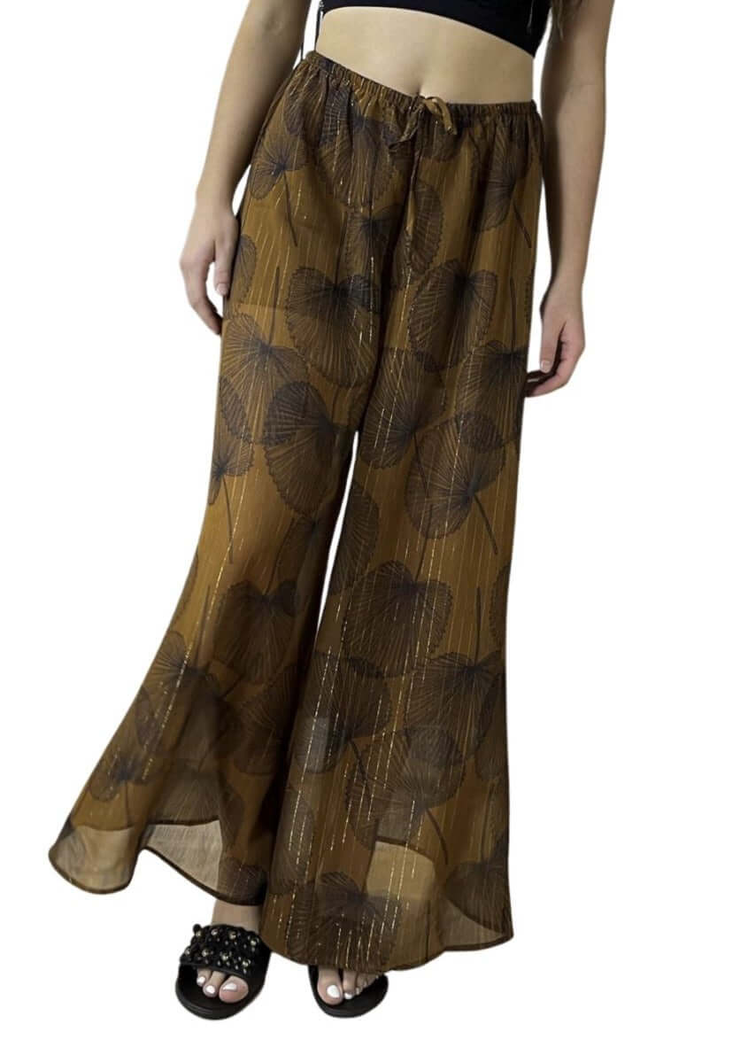 Bucket List Cabaña Leaf Print Sheer Pants Cropped Length with Shorts Lining | Resort Wear Made in USA | Classy Cozy Cool Women's Clothing Boutique
