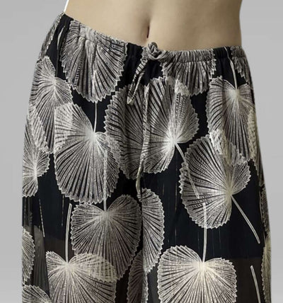 Bucket List Cabaña Leaf Print Sheer Cropped Top & Palazzo Pants in Black & Ivory | Resort Wear Made in USA | Classy Cozy Cool Women's Clothing Boutique