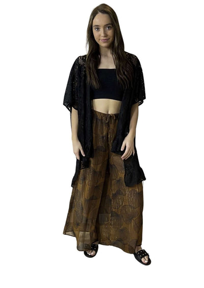 Bucket List Cabaña Leaf Print Sheer Pants Cropped Length with Shorts Lining | Resort Wear Made in USA | Classy Cozy Cool Women's Clothing Boutique