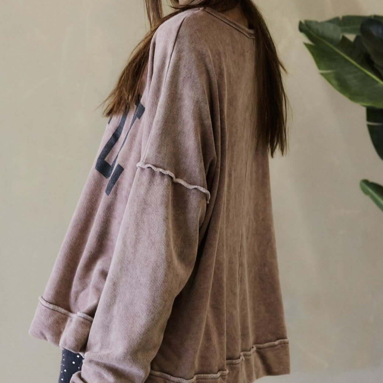 Made in USA Women's Oversized Graphic Garment Washed Vintage Look Sweatshirt with "Thankful" Graphic Lettering and Raw seam detail in Coffee Brown | Classy Cozy Cool Women's Made in America Boutique