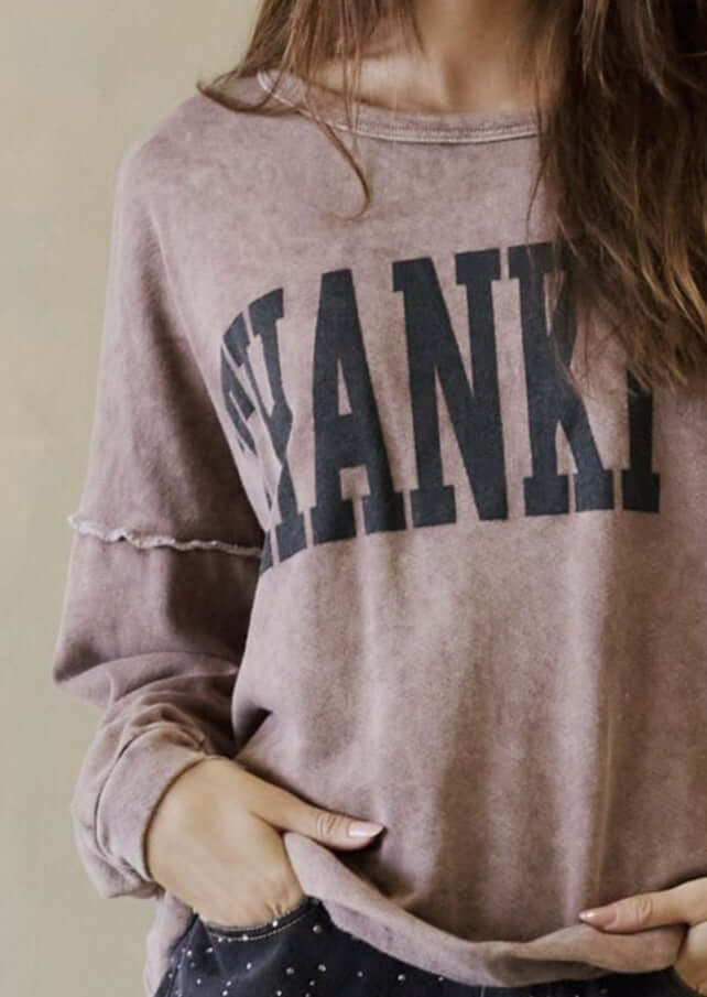 Made in USA Women's Oversized Graphic Garment Washed Vintage Look Sweatshirt with "Thankful" Graphic Lettering and Raw seam detail in Coffee Brown | Classy Cozy Cool Women's Made in America Boutique