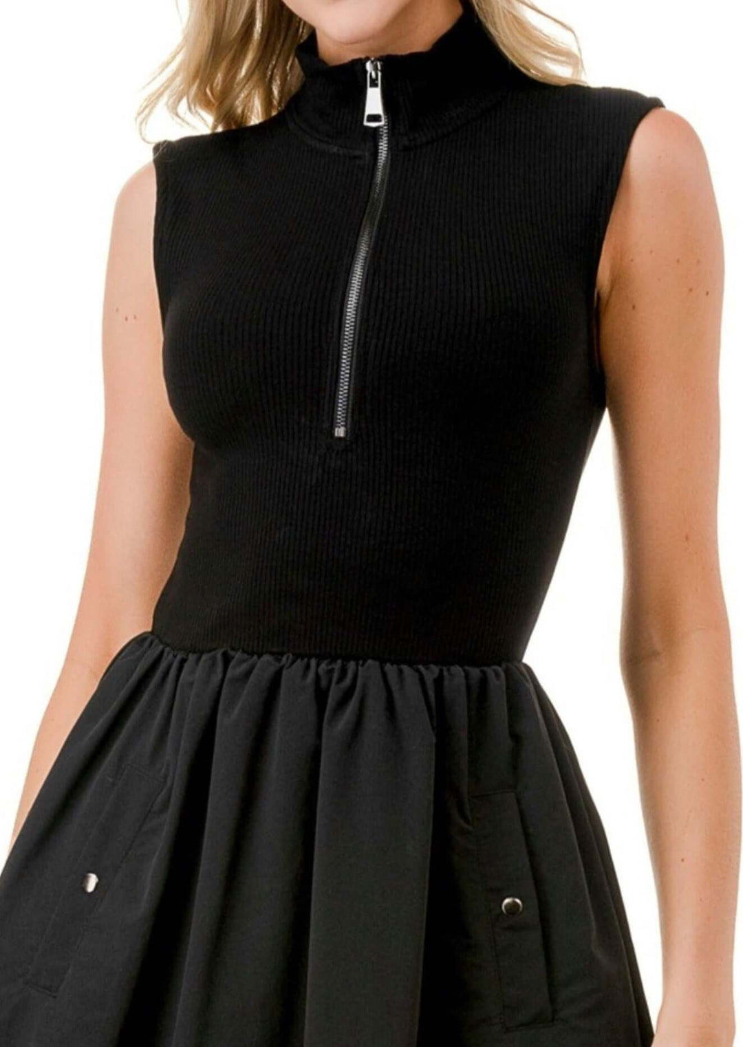 Made in USA Women's Classic Silhouette Sleeveless Fit & Flare Black Midi Dress with High Neck, Zip up Neckline and Pockets | Classy Cozy Cool Made in America Boutique