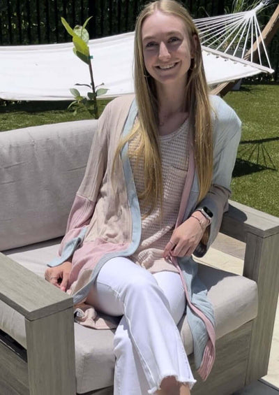 Ladies Pastel Color Block Open Front Long Length Lightweight Cardigan | Made in USA | Classy Cozy Cool Women's Made in America Boutique