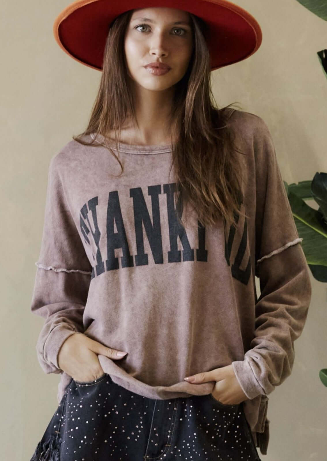 Made in USA Women's Oversized Graphic Garment Washed Vintage Look Sweatshirt with "Thankful" Graphic Lettering and Raw seam detail in Coffee Brown | Classy Cozy Cool Women's Made in America Boutique