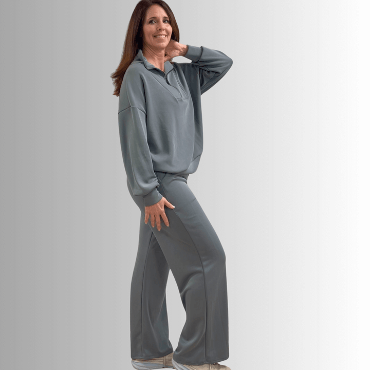 Made in USA Super Soft Relaxed Fit Matching Half-Zip Top and Pant, Material Compares to LuLulemon Scuba Line Wrinkle Resistant Medium Weight Material Feels Ultra Lightweight and Soft Side Pockets in Slate Blue