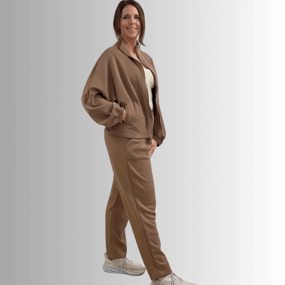 Made in USA Super Soft Relaxed Fit Matching Zip Up Jacket and Pant ,Material Compares to LuLulemon Scuba Line Wrinkle Resistant Medium Weight Material Feels Ultra Lightweight and Soft Side Pockets in Brown