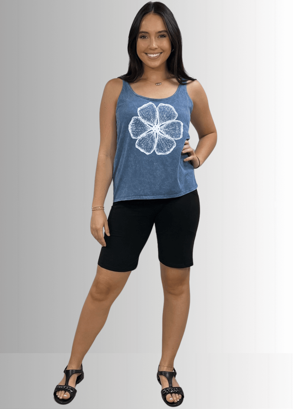 Made in USA Women's Sustainable durable premium America-made cotton tank top in Light Denim with Off White Chalk Flower Graphic, Wide Round Neck, Loose Fit | Classy Cozy Cool Made in America Boutique