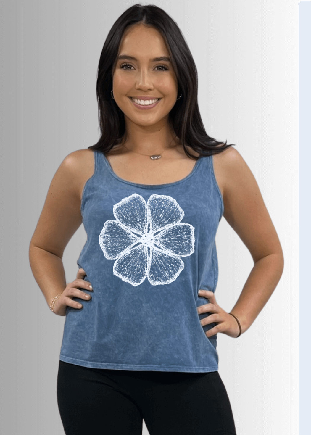 Made in USA Women's Sustainable durable premium America-made cotton tank top in Light Denim with Off White Chalk Flower Graphic, Wide Round Neck, Loose Fit | Classy Cozy Cool Made in America Boutique