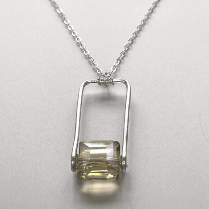 Hand Made in USA Women's Artisan Crafted Forged Rectangle Pendant with Champagne Crystal with silver Chain | Classy Cozy Cool Women's Made in America Boutique