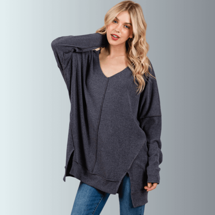 Made in USA Women's Charcoal Grey V-Neck Super Soft Oversized Ribbed Knit Tunic Top, Side Slit, Drop Shoulder | Classy Cozy Cool Made in America Boutique