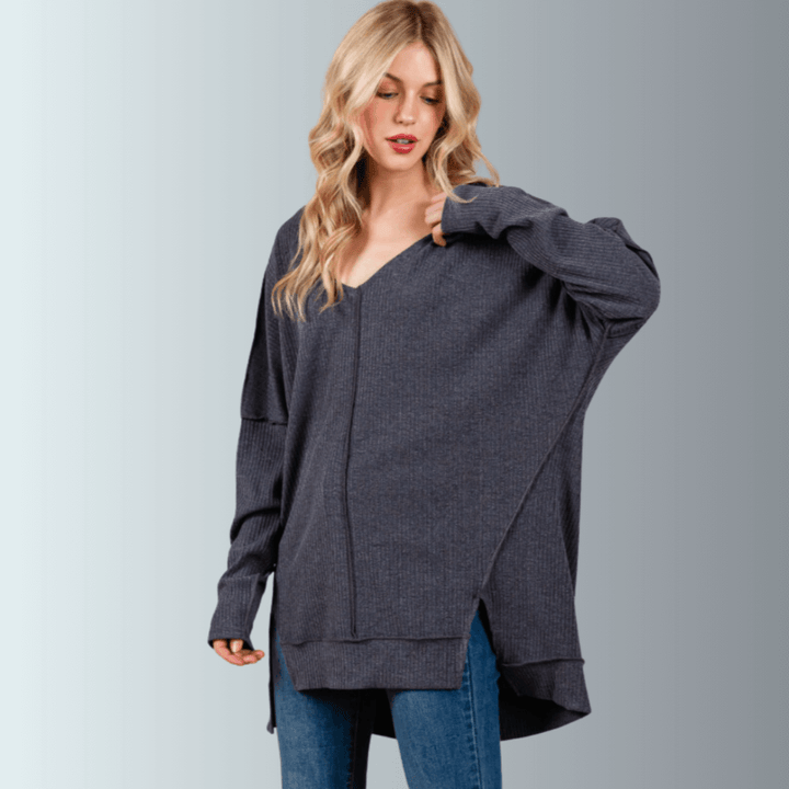 Made in USA Women's Charcoal Grey V-Neck Super Soft Oversized Ribbed Knit Tunic Top, Side Slit, Drop Shoulder | Classy Cozy Cool Made in America Boutique