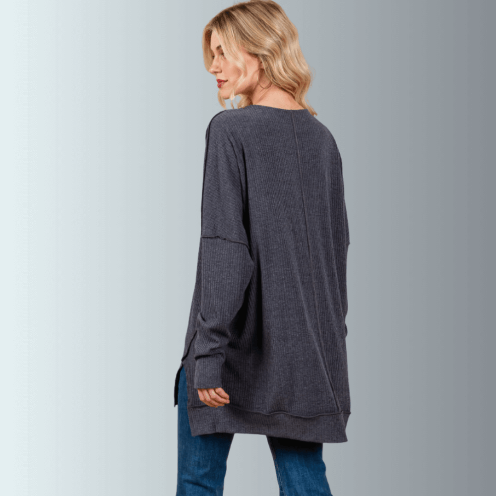 Made in USA Women's Charcoal Grey V-Neck Super Soft Oversized Ribbed Knit Tunic Top, Side Slit, Drop Shoulder | Classy Cozy Cool Made in America Boutique