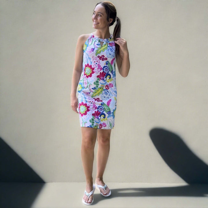 Ladies Active Wear Charleston Dress in Paradise Print by Southwind Apparel | Made in USA | For Tennis, Pickle Ball, Lunch, Outdoor Event Summer Wear | Classy Cozy Cool Women's Made in America Boutique