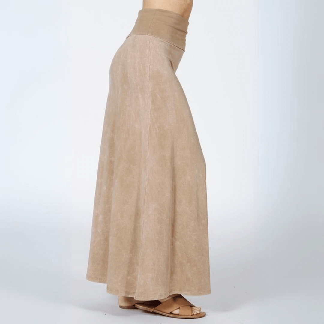 Women's Mineral Washed American Cotton Fold Over Waist Maxi Skirt Made in USA in  Beige  | Classy Cozy Cool Style C50110 