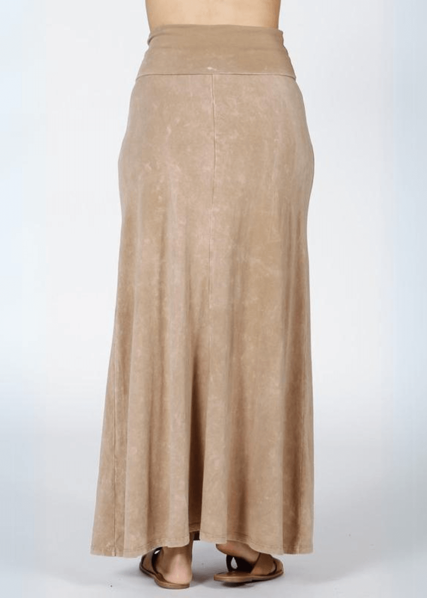 Women's Mineral Washed American Cotton Fold Over Waist Maxi Skirt Made in USA in  Beige  | Classy Cozy Cool Style C50110 