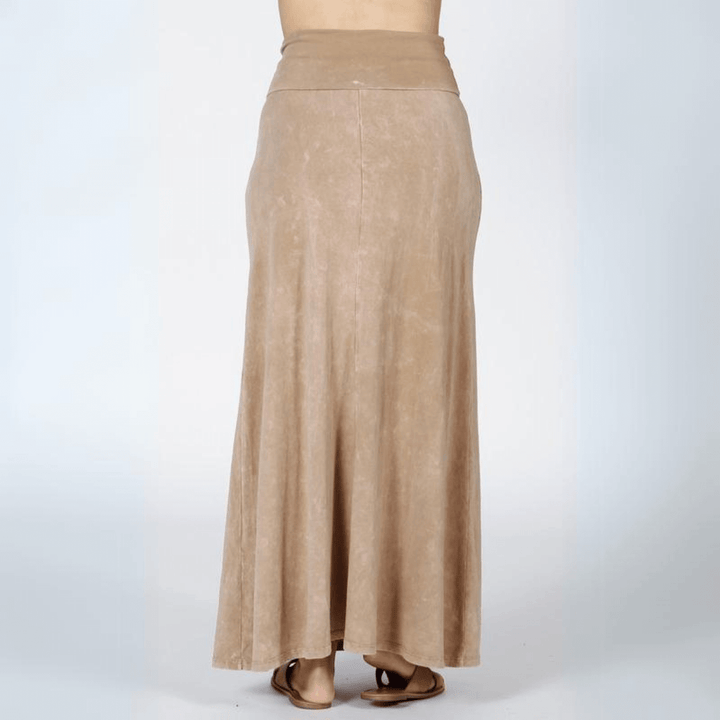 Women's Mineral Washed American Cotton Fold Over Waist Maxi Skirt Made in USA in  Beige  | Classy Cozy Cool Style C50110 