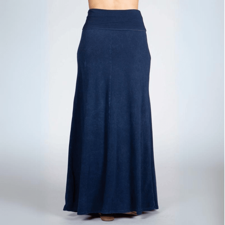 Women's Mineral Washed American Cotton Fold Over Waist Maxi Skirt Made in USA in Dark Denim | Classy Cozy Cool Style C50110 