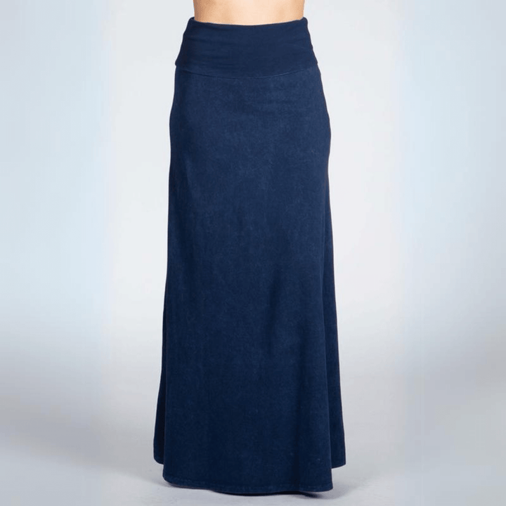 Women's Mineral Washed American Cotton Fold Over Waist Maxi Skirt Made in USA in Dark Denim | Classy Cozy Cool Style C50110 