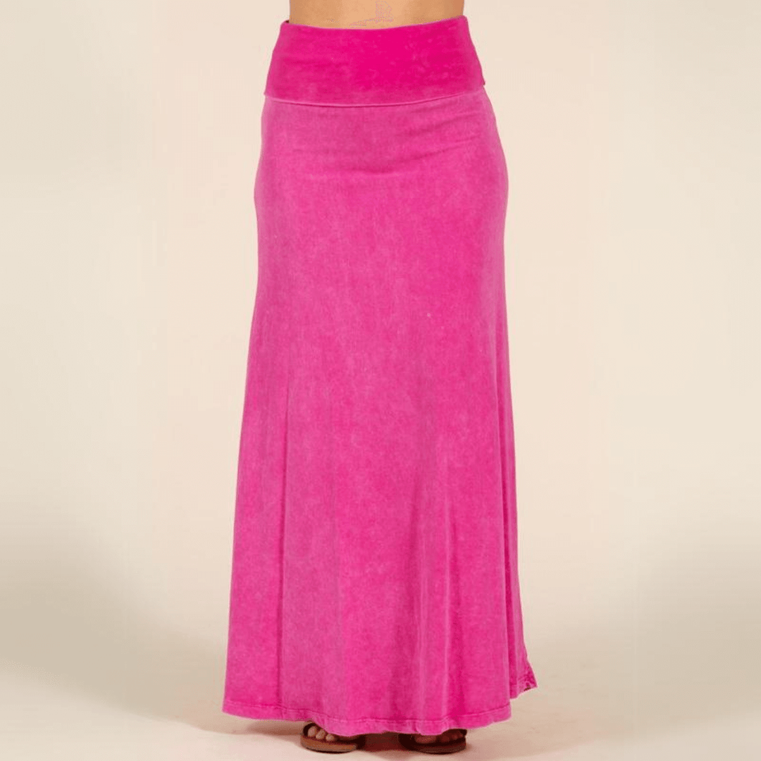 Women's Mineral Washed American Cotton Fold Over Waist Maxi Skirt Made in USA in Fuchsia | Classy Cozy Cool Style C50110 