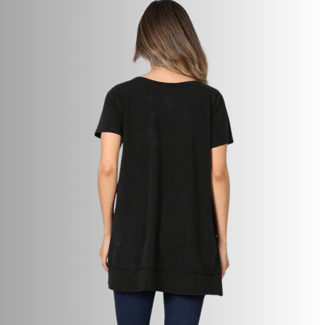 Made in USA Ladies High Low Hem Casual Cotton Tee in Mineral Washed Black, Proudly Made in USA | Classy Cozy Cool Women's Made in America Boutique