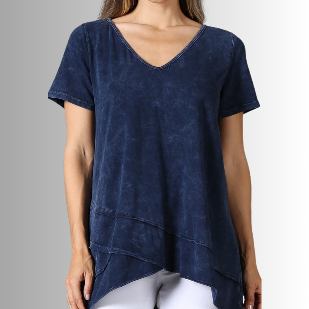 Made in USA Ladies High Low Hem Casual Cotton Tee in Mineral Washed Navy Blue Top Proudly Made in USA | Classy Cozy Cool Women's Made in America Boutique