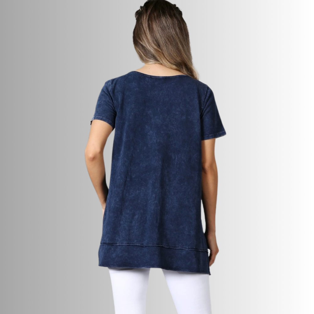 Made in USA Ladies High Low Hem Casual Cotton Tee in Mineral Washed Navy Blue Top Proudly Made in USA | Classy Cozy Cool Women's Made in America Boutique