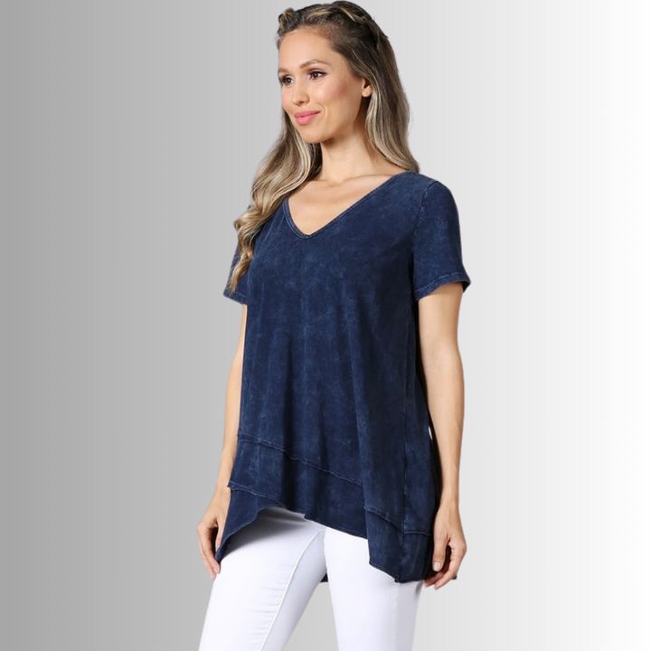 Made in USA Ladies High Low Hem Casual Cotton Tee in Mineral Washed Navy Blue Top Proudly Made in USA | Classy Cozy Cool Women's Made in America Boutique